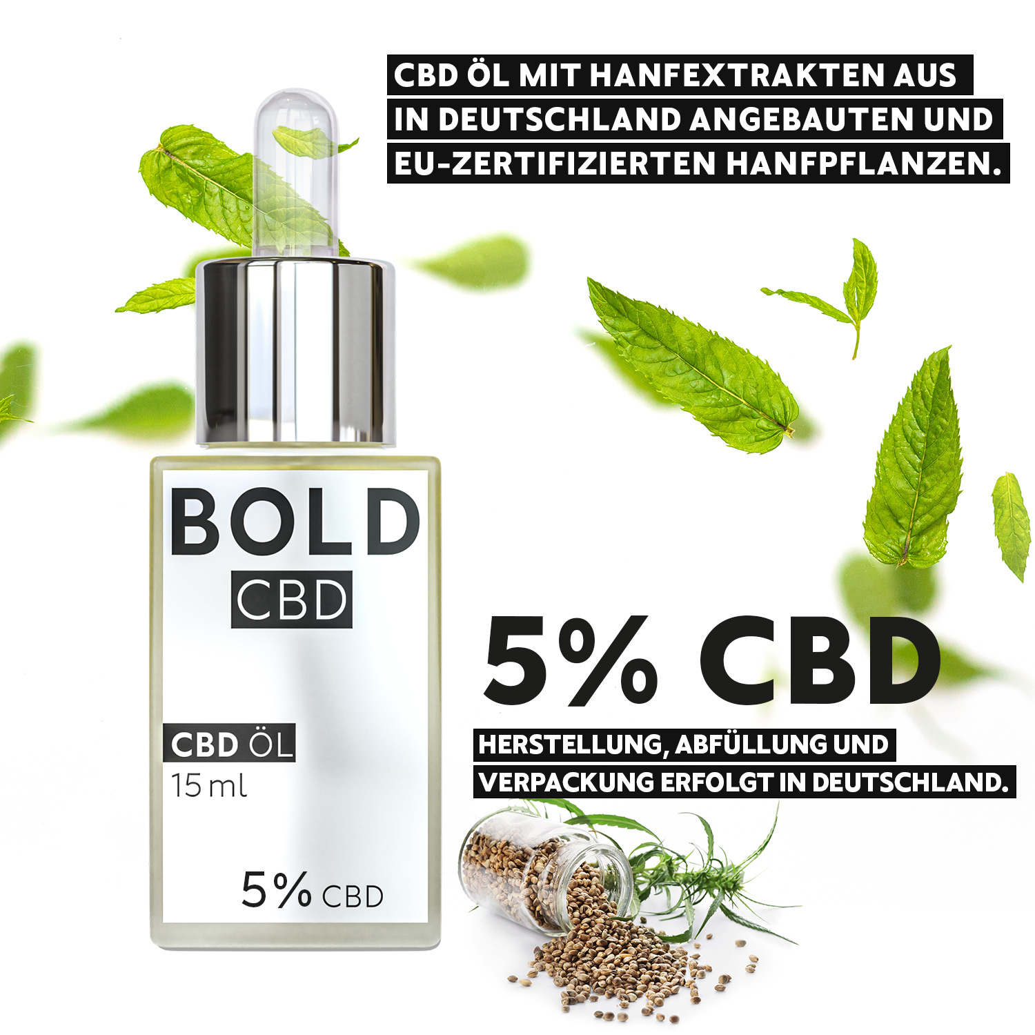 BOLD CBD Öl - 5% - 15 ml - Breitspektrum CBD Öl -  Naturreines Cannabis Öl